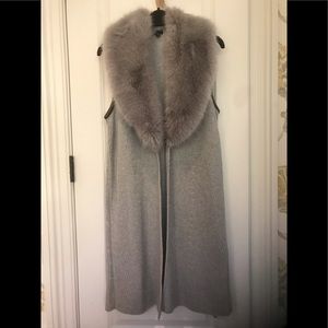 NWOT Talbots Faux Fur Collar Rib Knit Duster Length Vest in Dove Gray